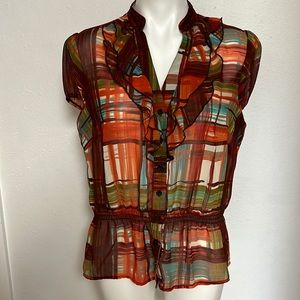 AB Studio Colorful Sheer Capped Sleeved Button Down Top